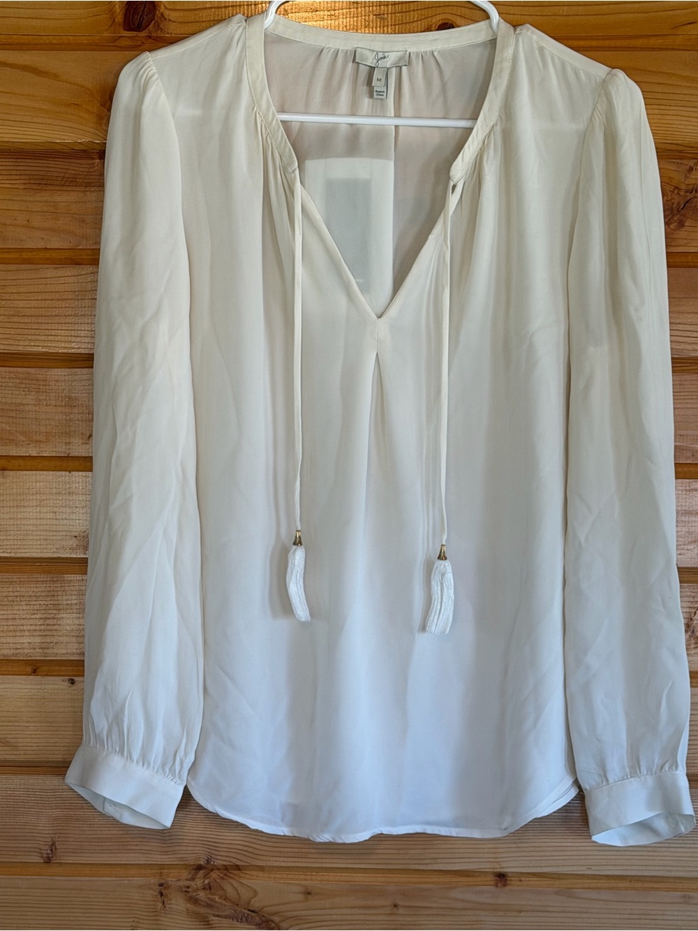 Joie Cream Silk V-Neck Tassel Tie Long-Sleeve Blouse